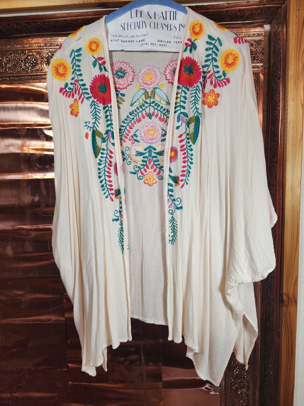 Umgee Boho Cream Open Kimono with Multicolor Floral Embroidery